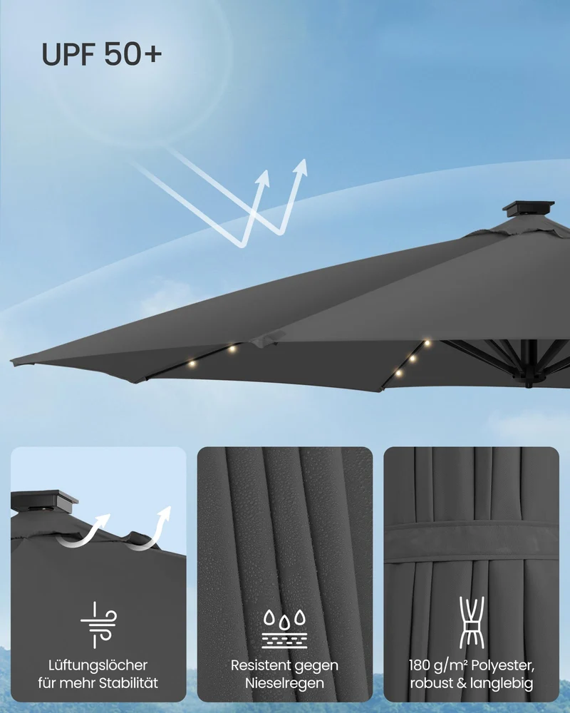 SONGMICS Ampelschirm 300 cm, Sonnenschirm mit Solar-LED, UPF 50+, grau