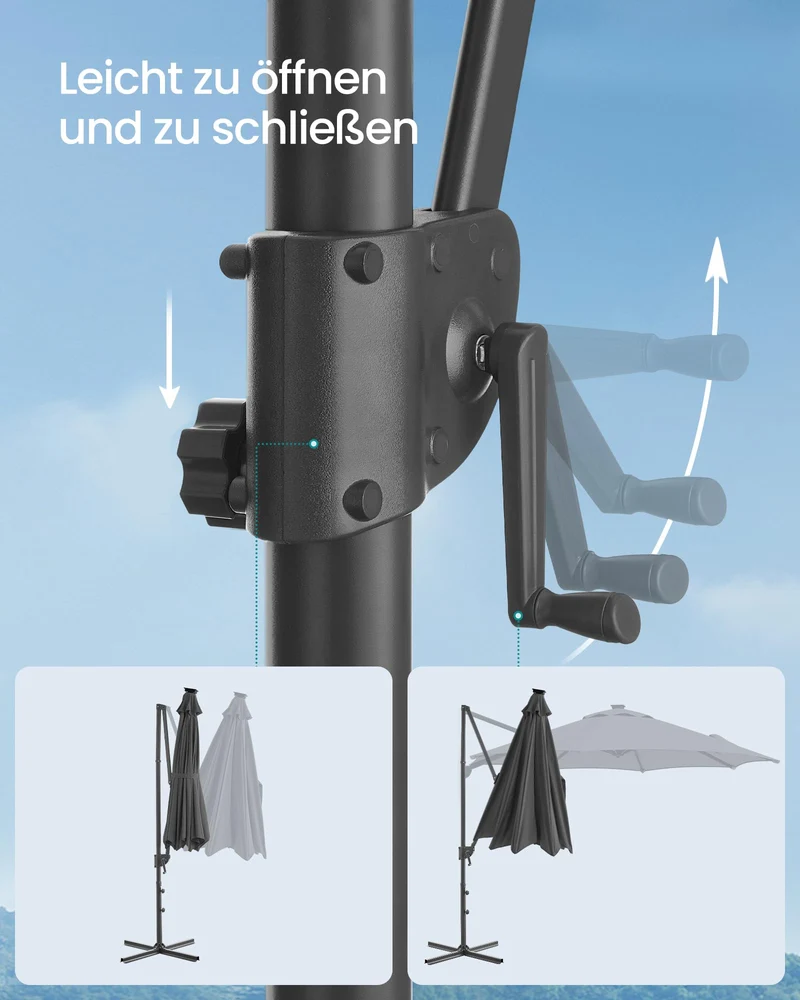 SONGMICS Ampelschirm 300 cm, Sonnenschirm mit Solar-LED, UPF 50+, grau
