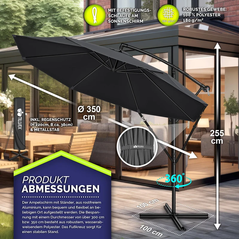 tillvex Ampelschirm Ø 300 cm Aluminium mit Kurbel, Anthrazit
