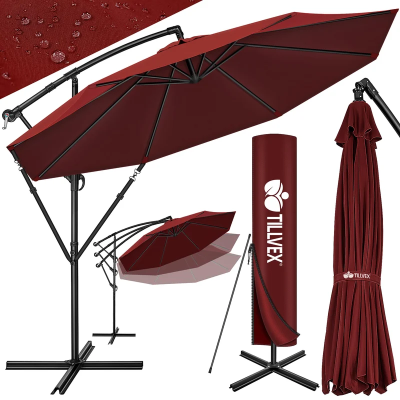 tillvex Ampelschirm Ø 300 cm, Alu-Sonnenschirm mit Kurbel, Rot