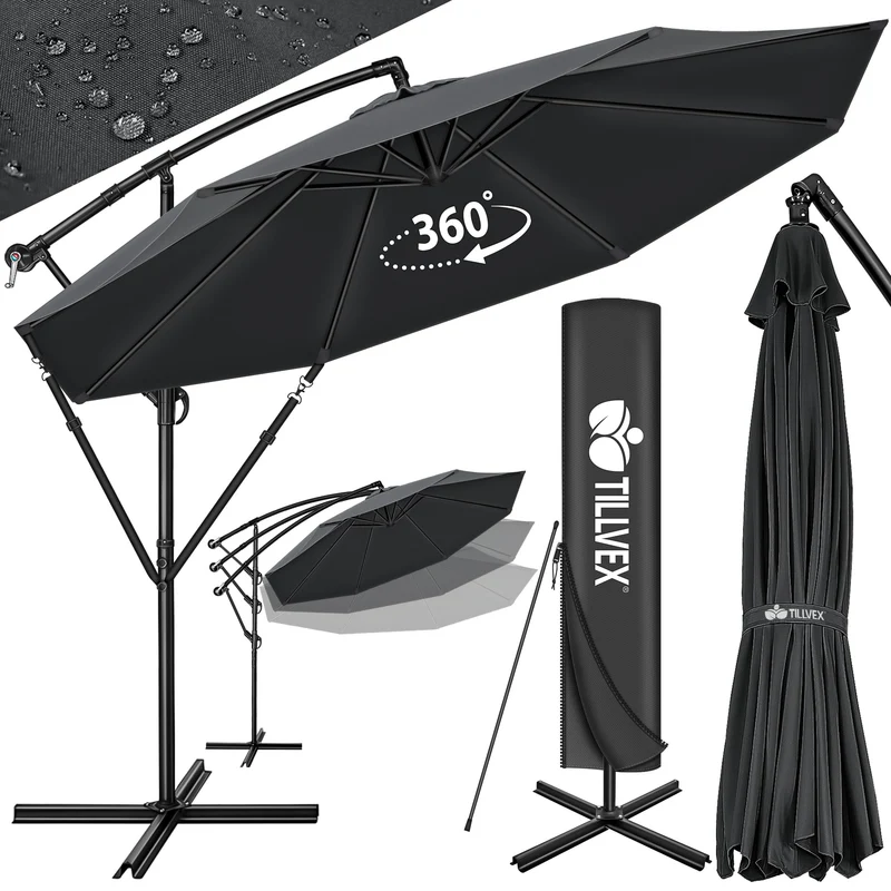 tillvex Ampelschirm Ø 350 cm Aluminium mit Kurbel & Abdeckung