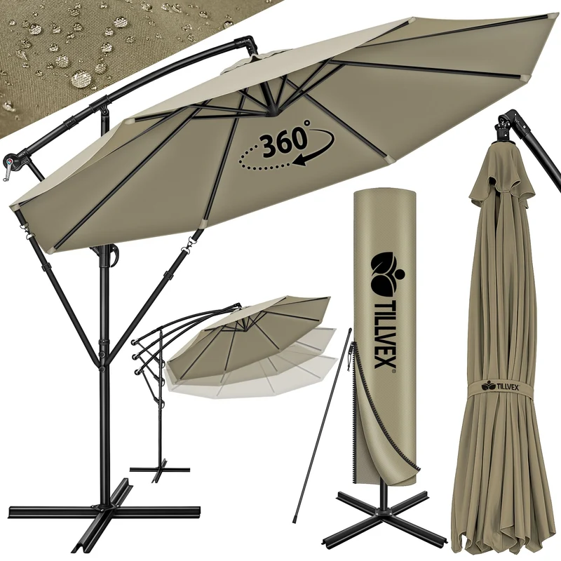 tillvex Ampelschirm Aluminium Ø 350 cm mit Kurbel, Abdeckung, braun