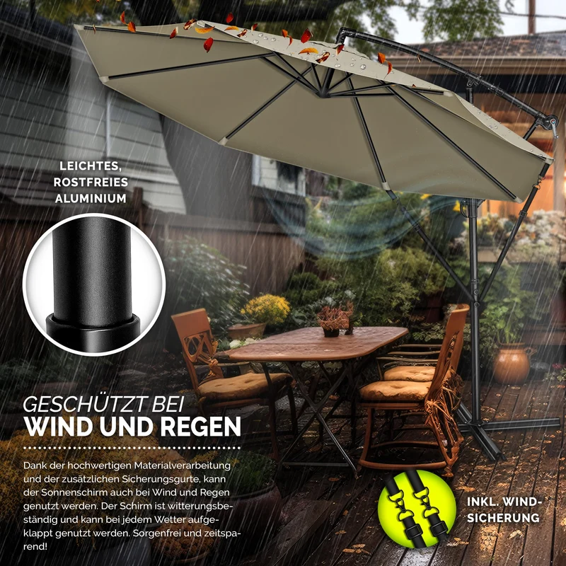 tillvex Ampelschirm Aluminium Ø 350 cm mit Kurbel, Abdeckung, braun