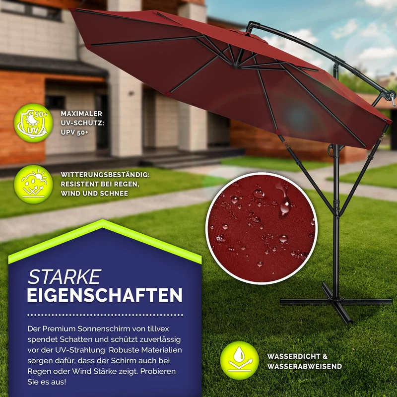 tillvex Ampelschirm Aluminium Ø 350 cm mit Kurbel, UV-Schutz, Rot