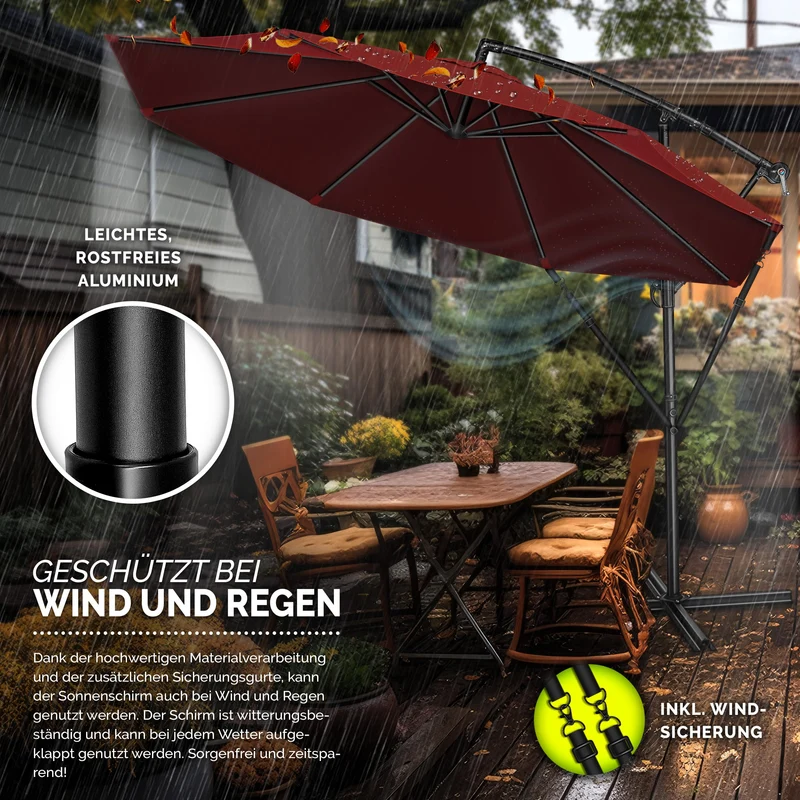tillvex Ampelschirm Aluminium Ø 350 cm mit Kurbel, UV-Schutz, Rot