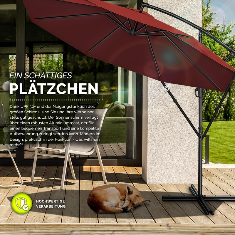 tillvex Ampelschirm Aluminium Ø 350 cm mit Kurbel, UV-Schutz, Rot