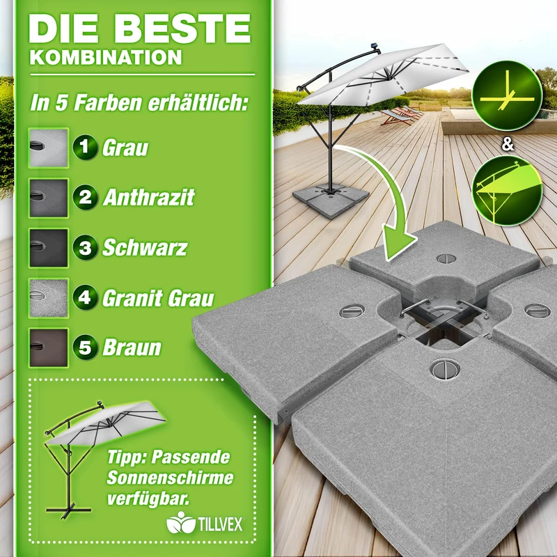 tillvex Sonnenschirmständer 90 L / 120 kg, 4-teilig, für Ampelschirm