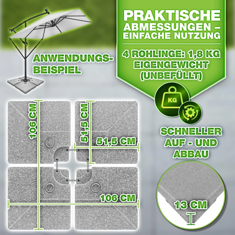 tillvex Sonnenschirmständer 90 L / 120 kg, 4-teilig, für Ampelschirm