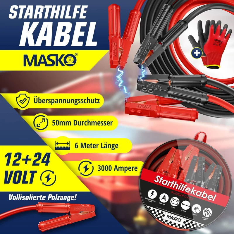 MASKO Starthilfekabel Überbrückungskabel 6 m 50 mm² 3000 A 12/24 V