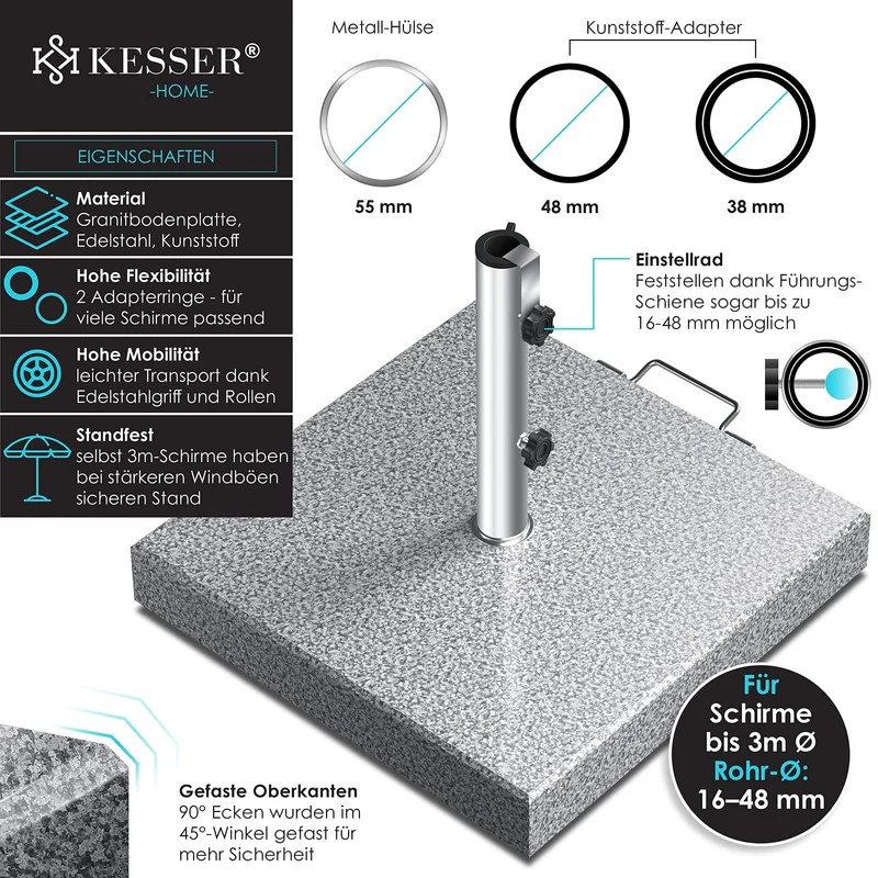 KESSER Granit Sonnenschirmständer 30 kg mit Edelstahlrohr, Grau