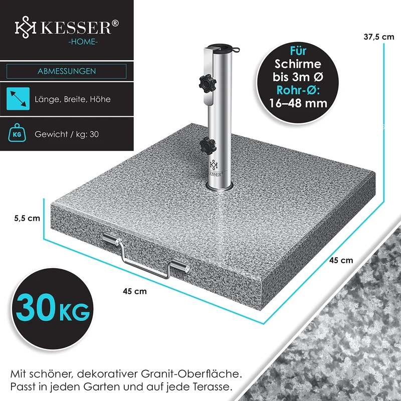 KESSER Granit Sonnenschirmständer 30 kg mit Edelstahlrohr, Grau
