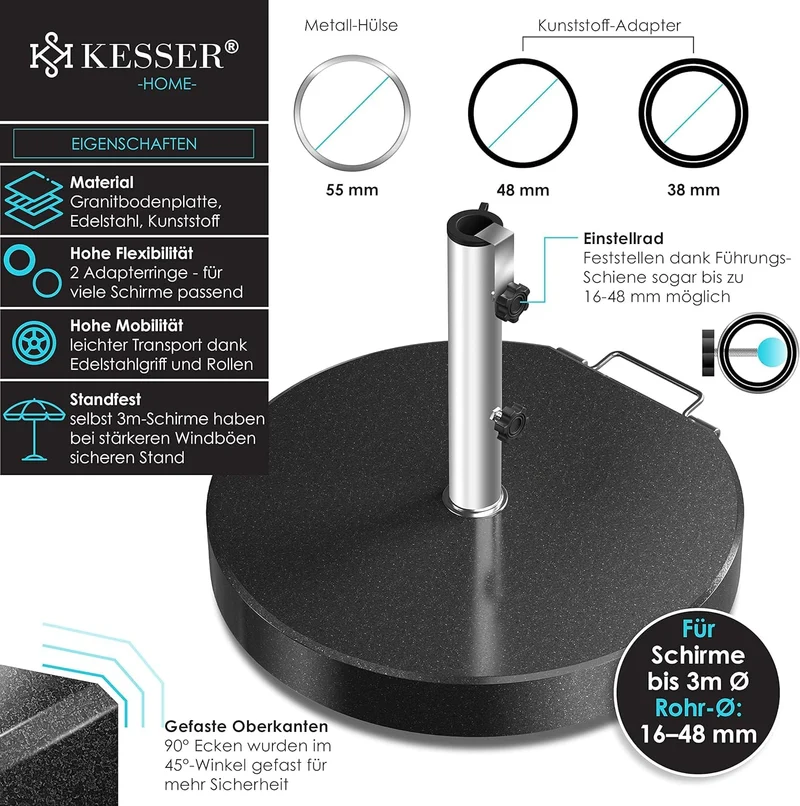 KESSER Granit Sonnenschirmständer 30 kg mit Edelstahlrohr, Anthrazit