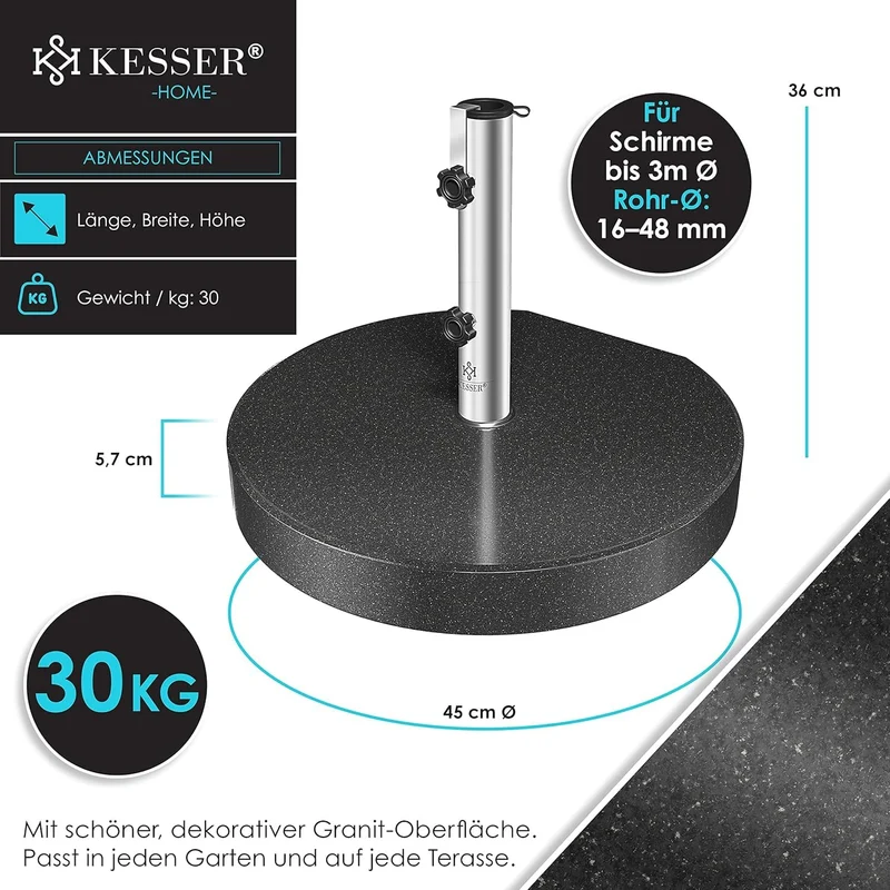 KESSER Granit Sonnenschirmständer 30 kg mit Edelstahlrohr, Anthrazit