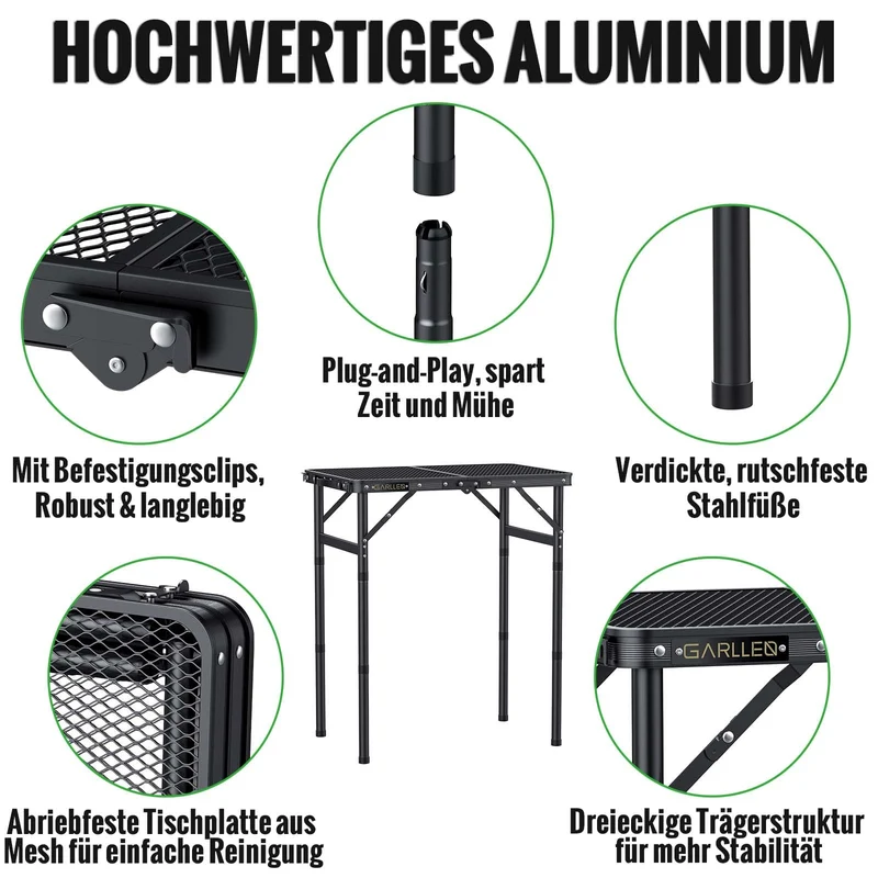 GARLLEN Grilltisch klappbar – Campingtisch höhenverstellbar 58x40 cm