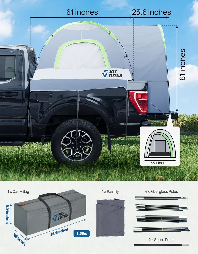 Pickup Truck Bed Tent with Rainfly, Waterproof Double Layer, Fits 5.0–8.2 ft Beds, 2-Person