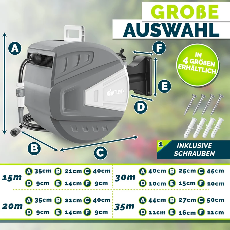 tillvex Schlauchtrommel 20 m mit Wandhalterung und Handbrause, grau