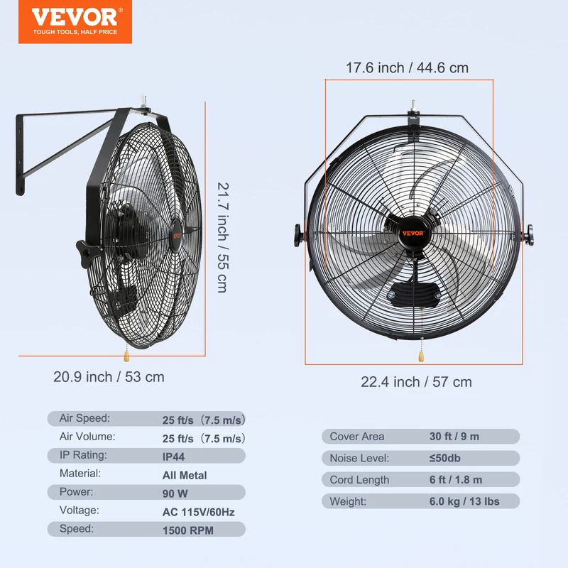 VEVOR Wandventilator 57 cm, oszillierend, IP44, 3 Stufen, schwarz