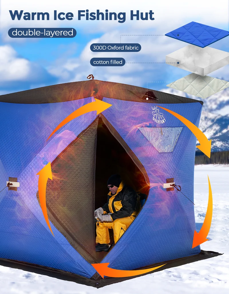 DEERFAMY Insulated Double-Layer Ice Fishing Shelter Portable Tent(3-4 People)