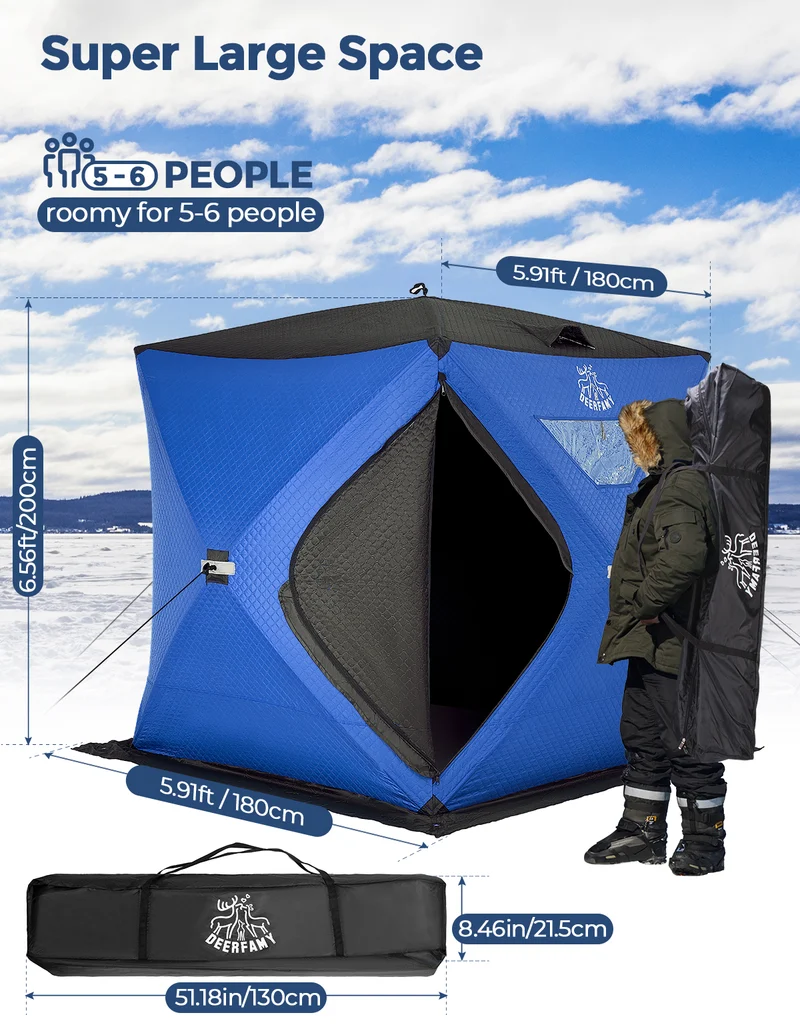 DEERFAMY Insulated Double-Layer Ice Fishing Shelter Portable Tent(3-4 People)