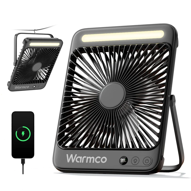 Warmco Akku-Campingventilator D4 mit LED-Lampe, 20000 mAh, leise