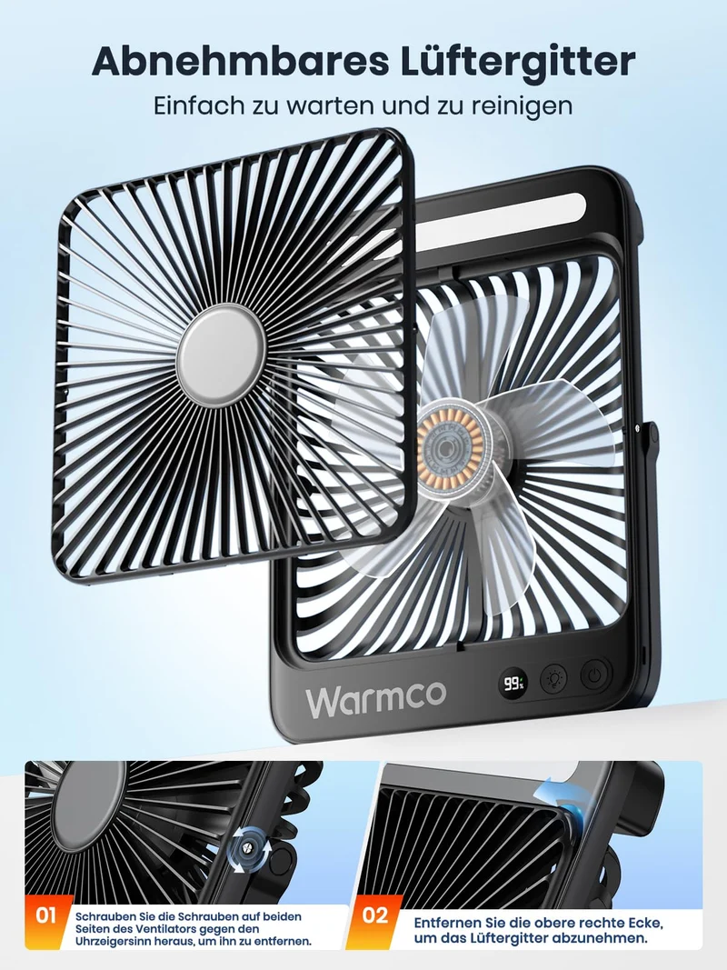 Warmco Akku-Campingventilator D4 mit LED-Lampe, 20000 mAh, leise