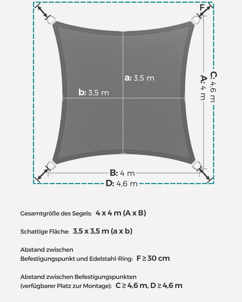 SONGMICS Sonnensegel 4 x 4 m, HDPE-Gewebe, luftdurchlässig, rauchgrau