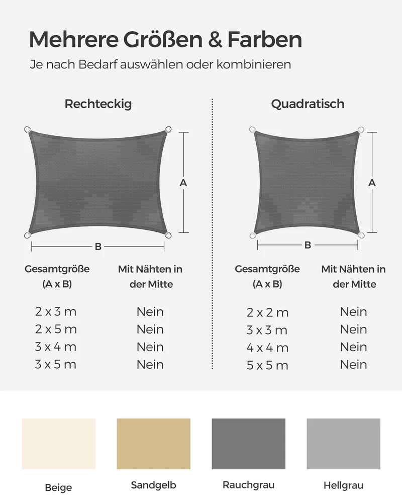 SONGMICS Sonnensegel 4 x 4 m, HDPE-Gewebe, luftdurchlässig, rauchgrau