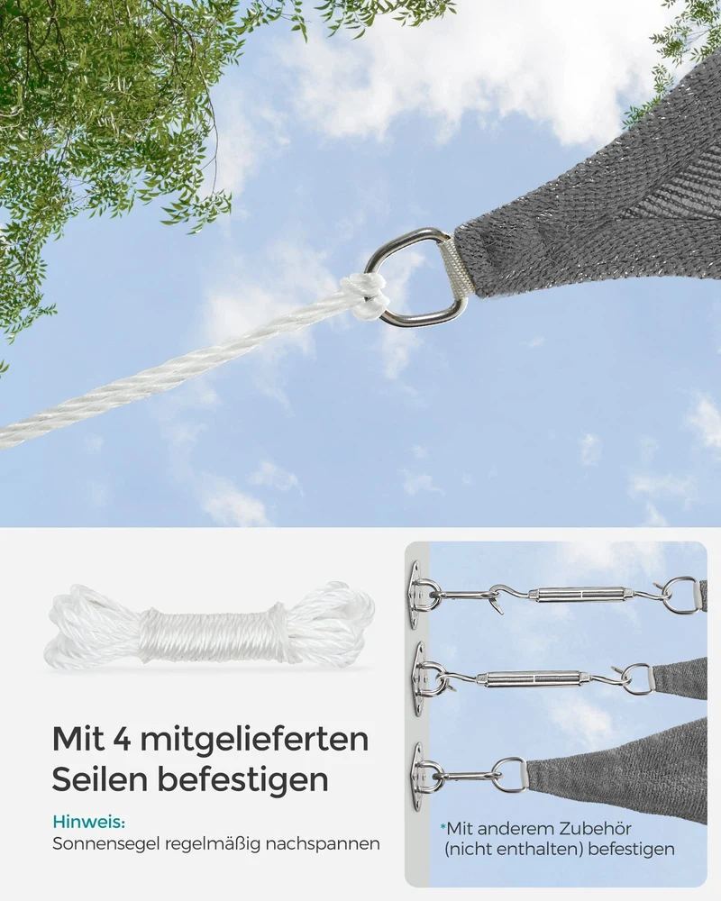 SONGMICS Sonnensegel 4 x 4 m, HDPE-Gewebe, luftdurchlässig, rauchgrau