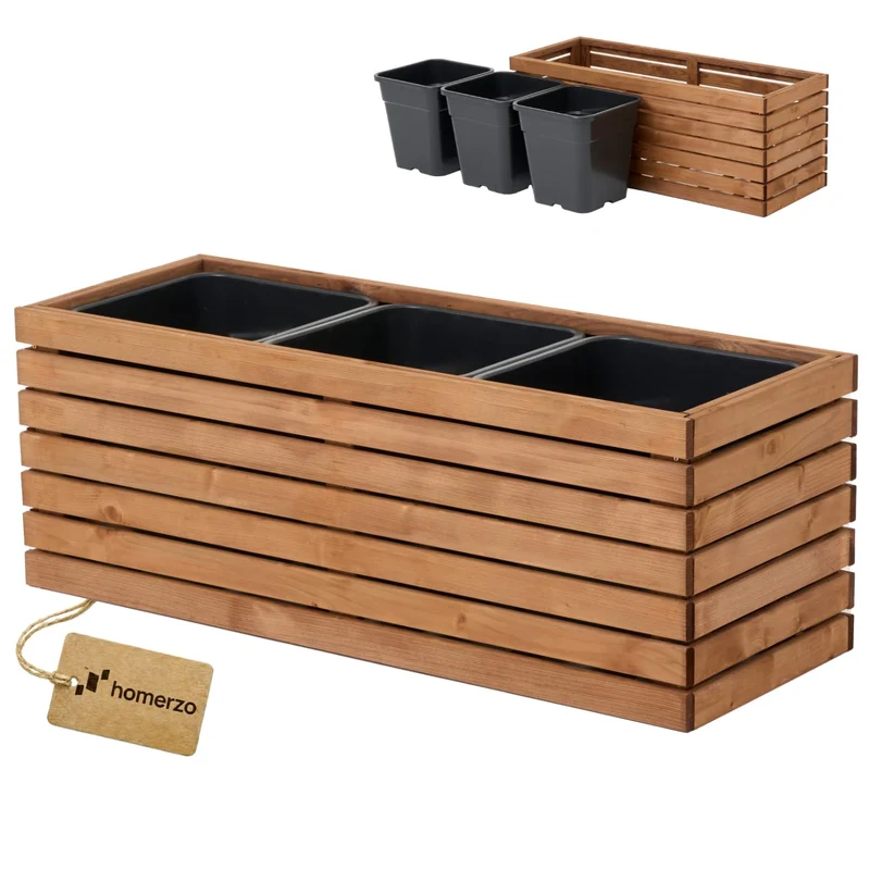 HOMERZO Pflanzkübel Holz braun mit Kunststoffeinsatz 98x36x35 cm