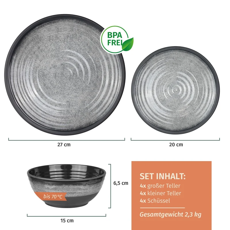 Moritz Campinggeschirr-Set aus Melamin, 12-teilig, Stone Grey