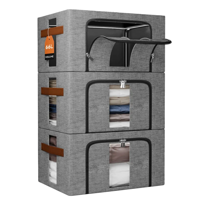 NiuBeBe Aufbewahrungsbox faltbar mit Metallrahmen, 3er-Set 66 L, Grau