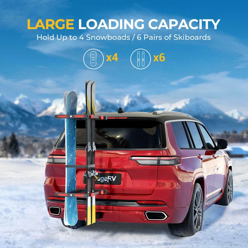 BougeRV Hitch Ski Snowboard Rack with Security Lock(Fit for 2" Receiver)