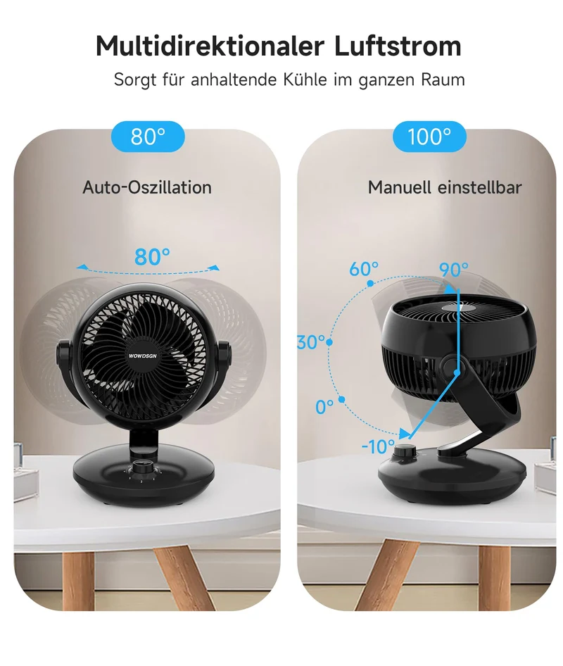 WOWDSGN Tischventilator XD-1586FB, leiser 3D-Luftzirkulator, schwarz