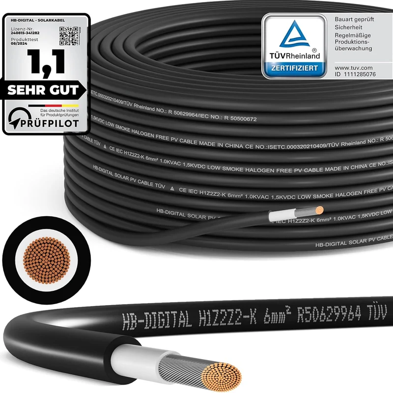 PV Solarkabel 6mm² - Meterware - UV-beständig - flexibel - Reines Kupfer 1500V schwarz