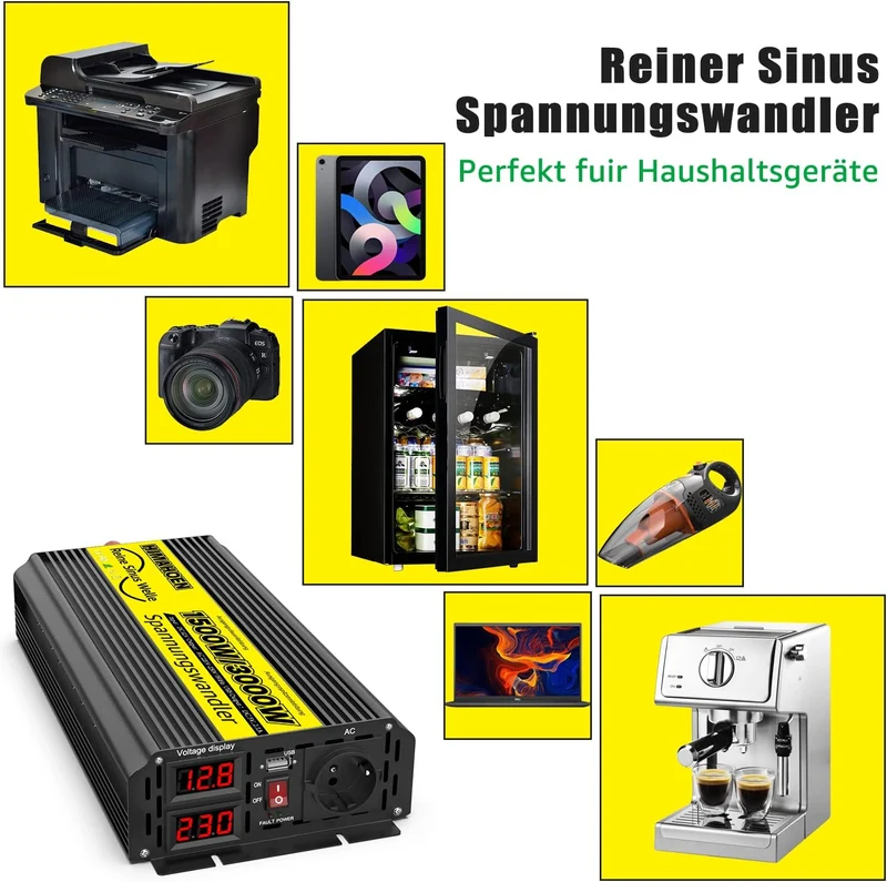 1500 W Wechselrichter 12 V auf 230 V – Reiner Sinus, 3000 W Spitzenleistung, USB