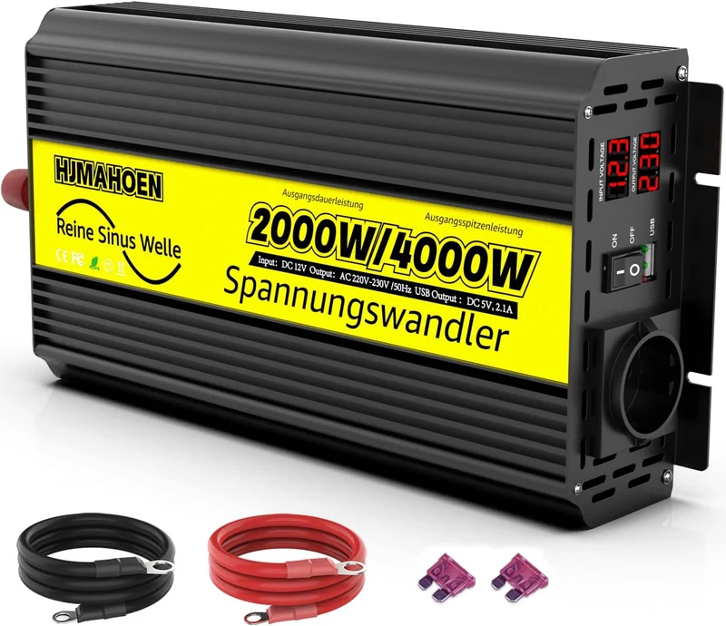 2000 W Wechselrichter 12 V auf 230 V – Reiner Sinus, 4000 W Spitzenleistung, USB