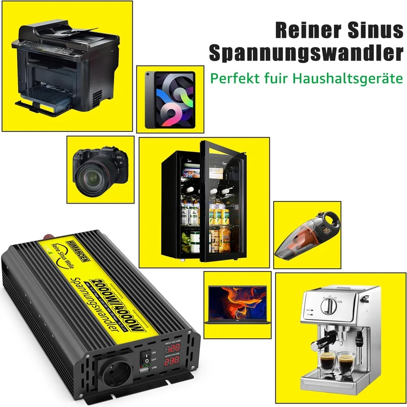 2000 W Wechselrichter 12 V auf 230 V – Reiner Sinus, 4000 W Spitzenleistung, USB
