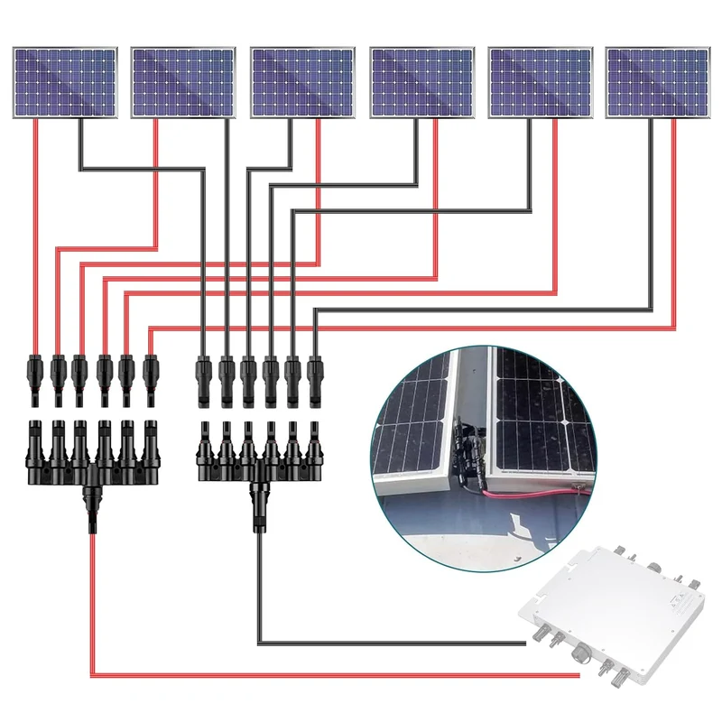 6-fach MC4 Solar-Abzweigverbinder – 1 Set für die Parallelschaltung von bis zu 6 Solarmodulen