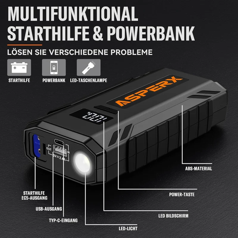 Starthilfe Powerbank 1500A 12V, bis 7,0L Benzin oder 5,5L Diesel
