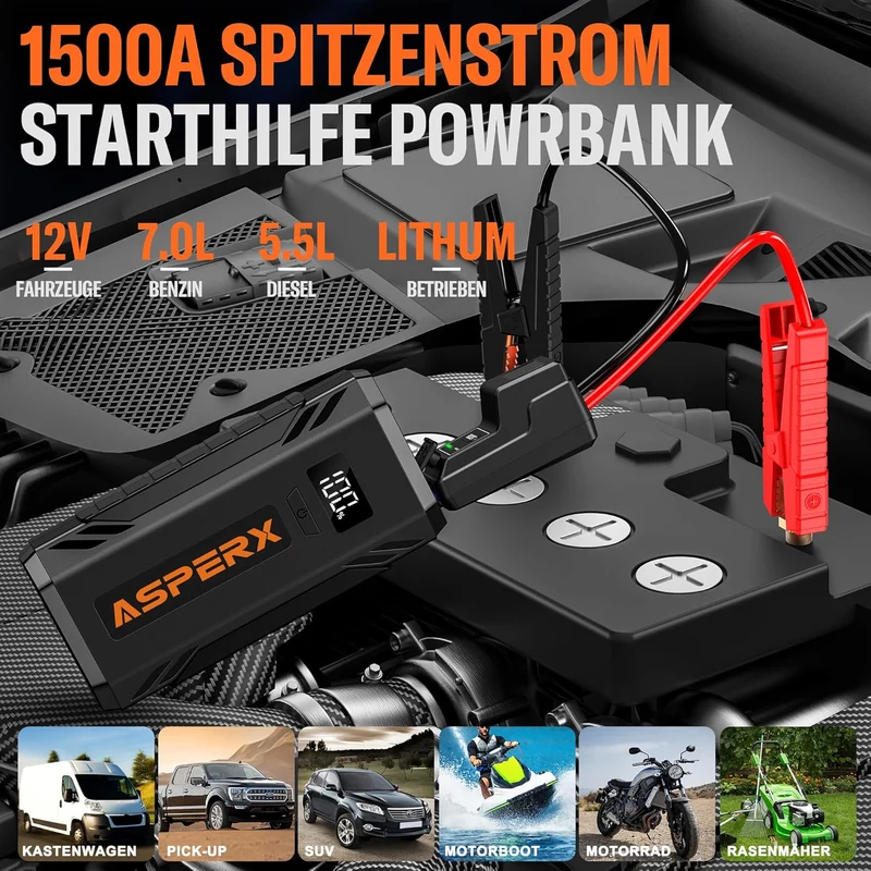 Starthilfe Powerbank 1500A 12V, bis 7,0L Benzin oder 5,5L Diesel