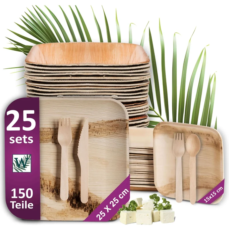 Waipur Bio-Geschirrset aus Palmblatt mit Holzbesteck, 150-teilig