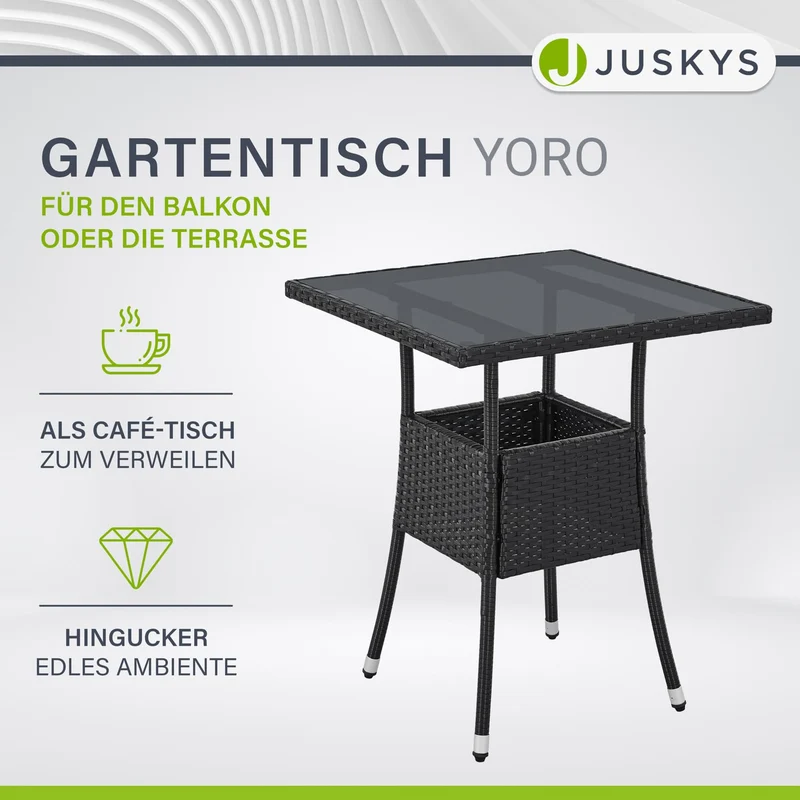 Juskys Gartentisch Yoro Polyrattan mit Glasplatte 60x60 cm schwarz