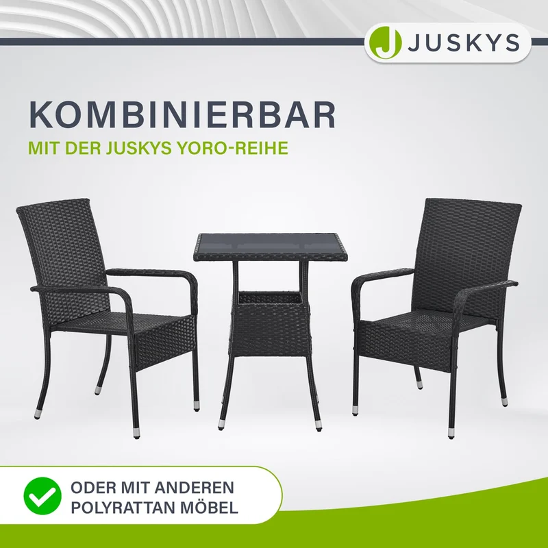Juskys Gartentisch Yoro Polyrattan mit Glasplatte 60x60 cm schwarz