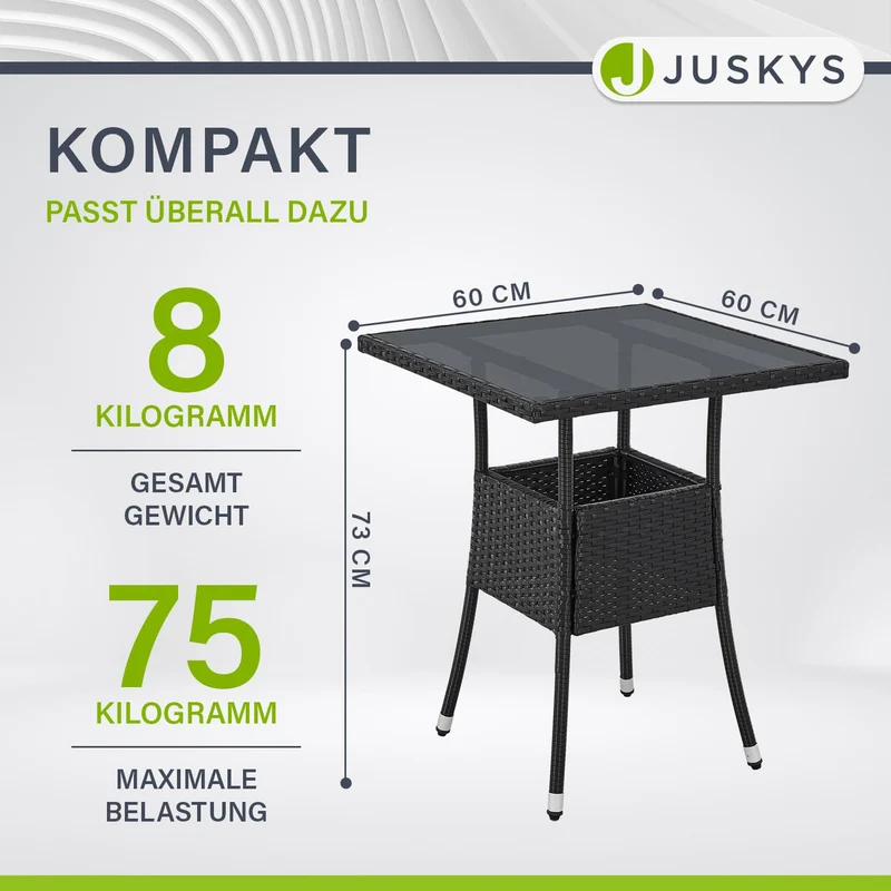 Juskys Gartentisch Yoro Polyrattan mit Glasplatte 60x60 cm schwarz