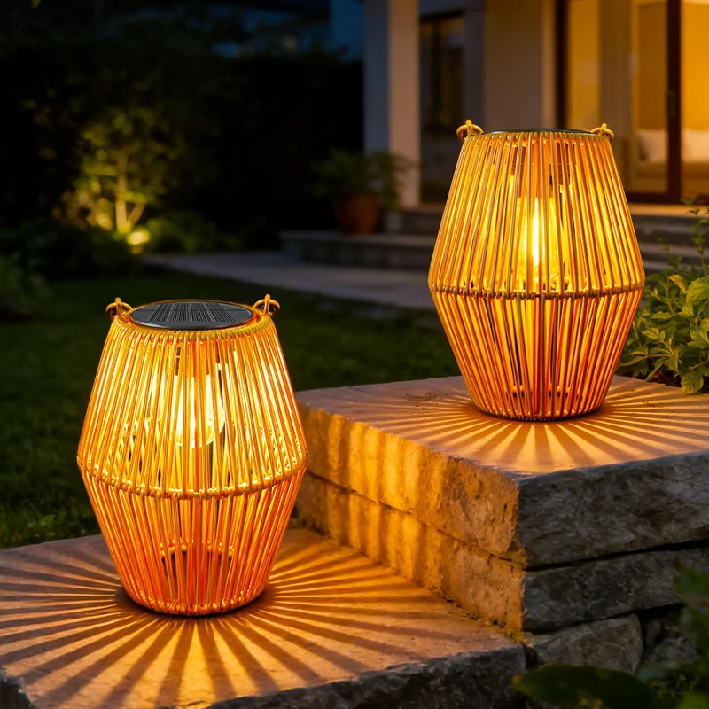 Ollny Solarlaternen für Aussen, 2er-Set Rattan-Optik, IP44, warmweiss