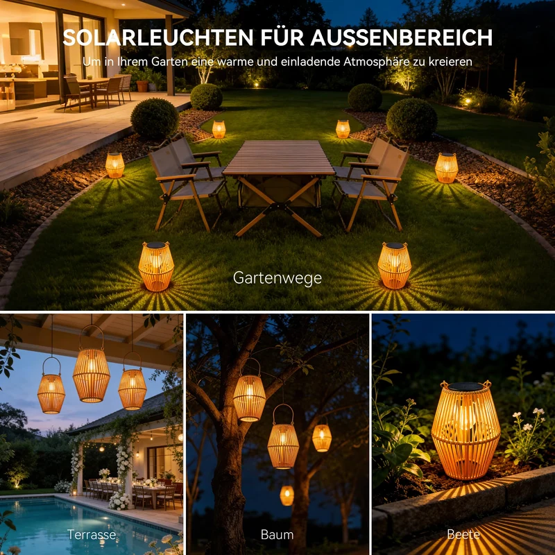 Ollny Solarlaternen für Aussen, 2er-Set Rattan-Optik, IP44, warmweiss