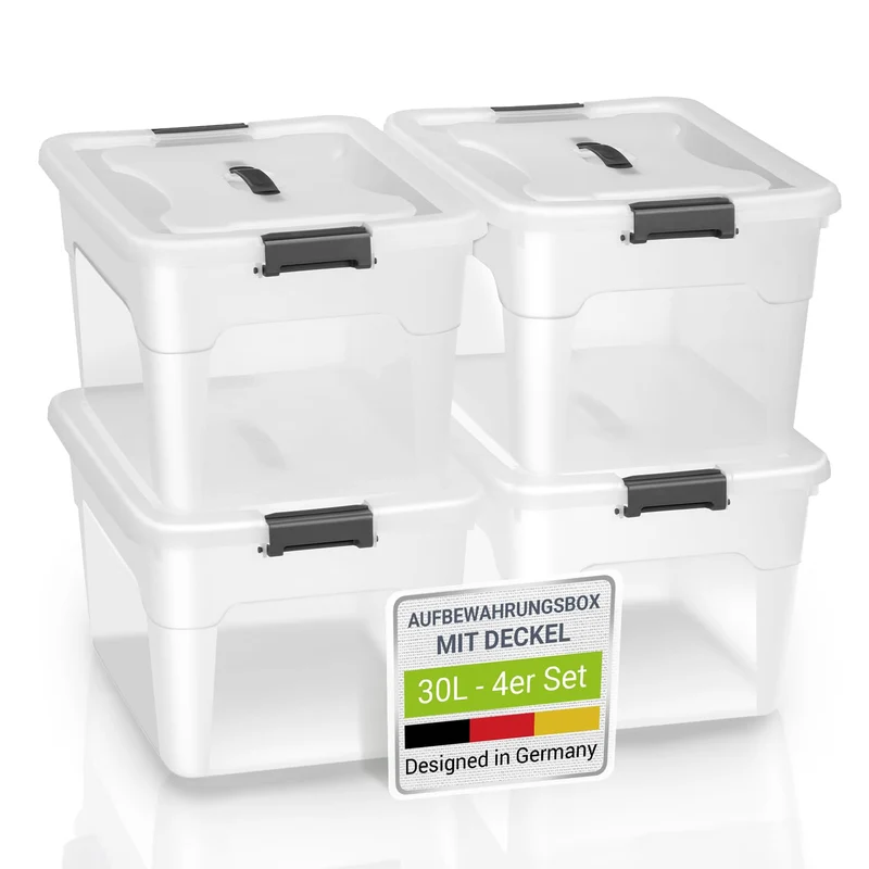 Juskys Aufbewahrungsbox mit Deckel, 4er Set, 30 Liter, transparent