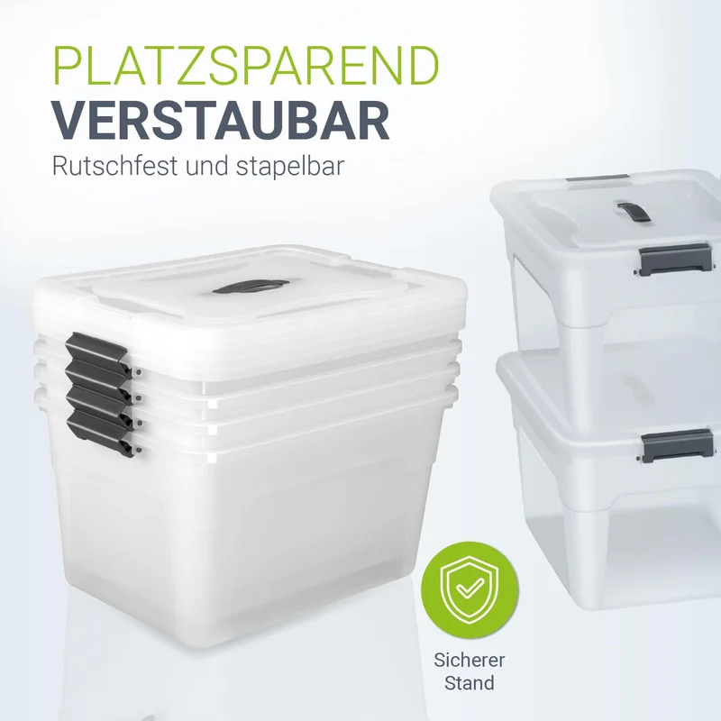 Juskys Aufbewahrungsbox mit Deckel, 4er Set, 30 Liter, transparent