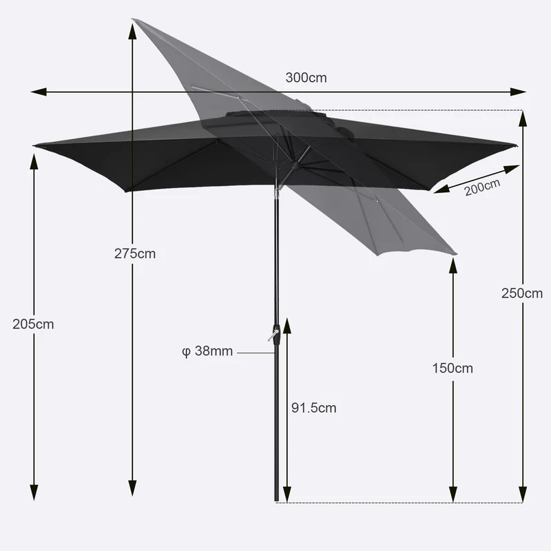 Sekey Sonnenschirm rechteckig 210 x 140 cm Aluminium mit Kurbel Grau