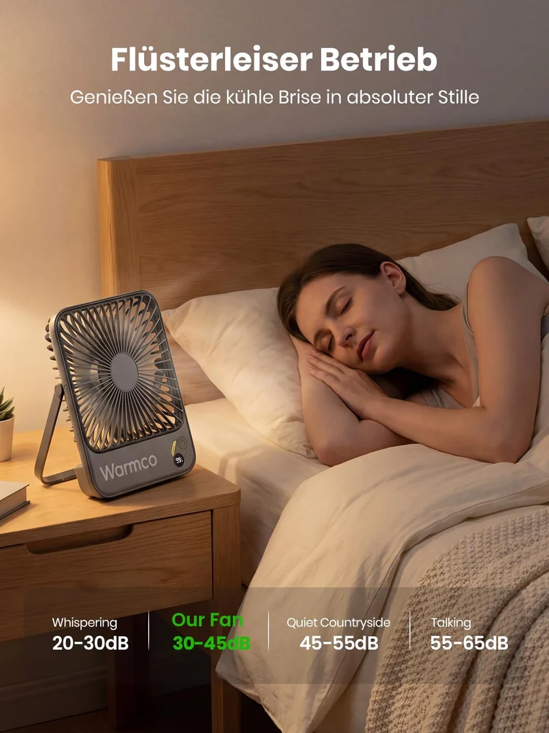 Warmco D3 Akku-Tischventilator 10000 mAh, leise, mit Digitalanzeige